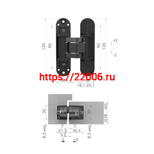 Петля Armadillo (Армадилло) скрытой установки U3D3300.TG SC мат. хром