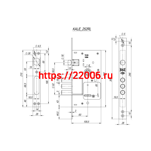 Замок Kale kilit (Кале килит) врезной сувальдный с защёлкой 252/RL, 5 кл. (кл. 60 мм) фото 3