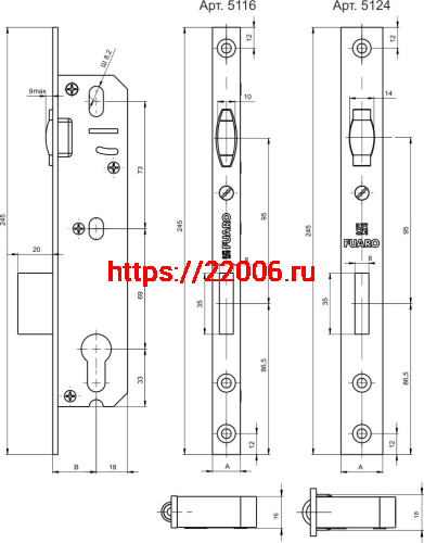 Корпус Fuaro (Фуаро) узкопрофильного замка с роликовой защёлкой PROF5116-40 CP хром фото 3